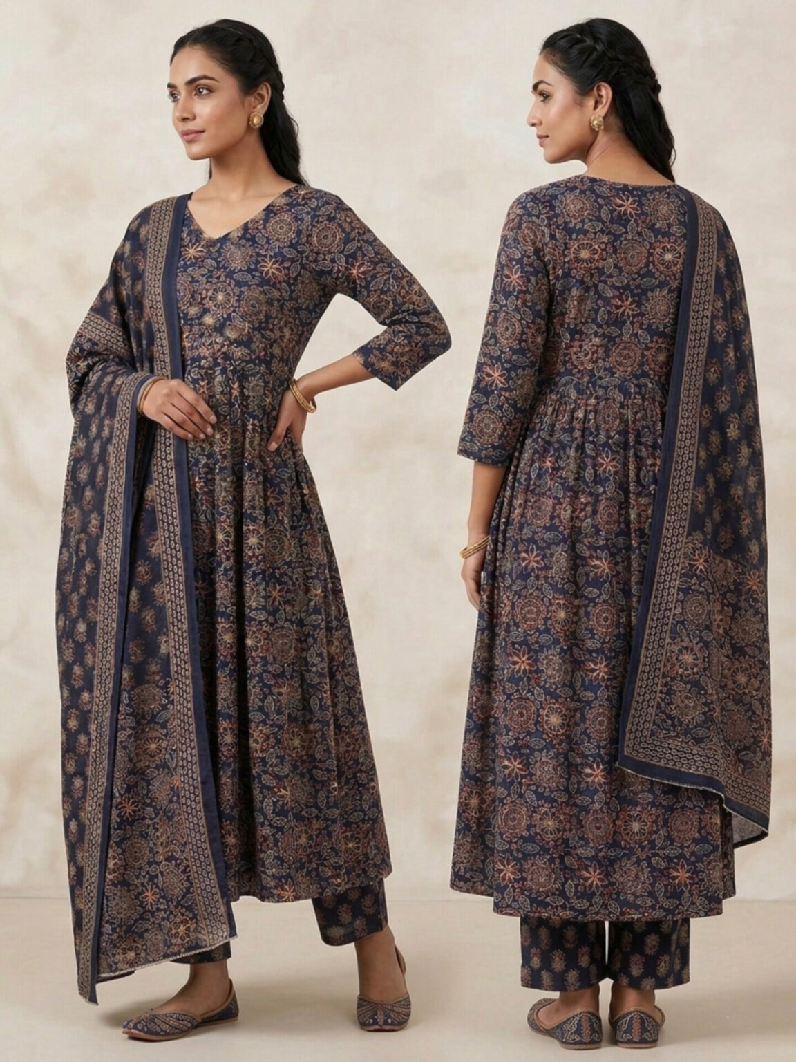 Navy blue printed Anarkali suit with matching pants and dupatta
