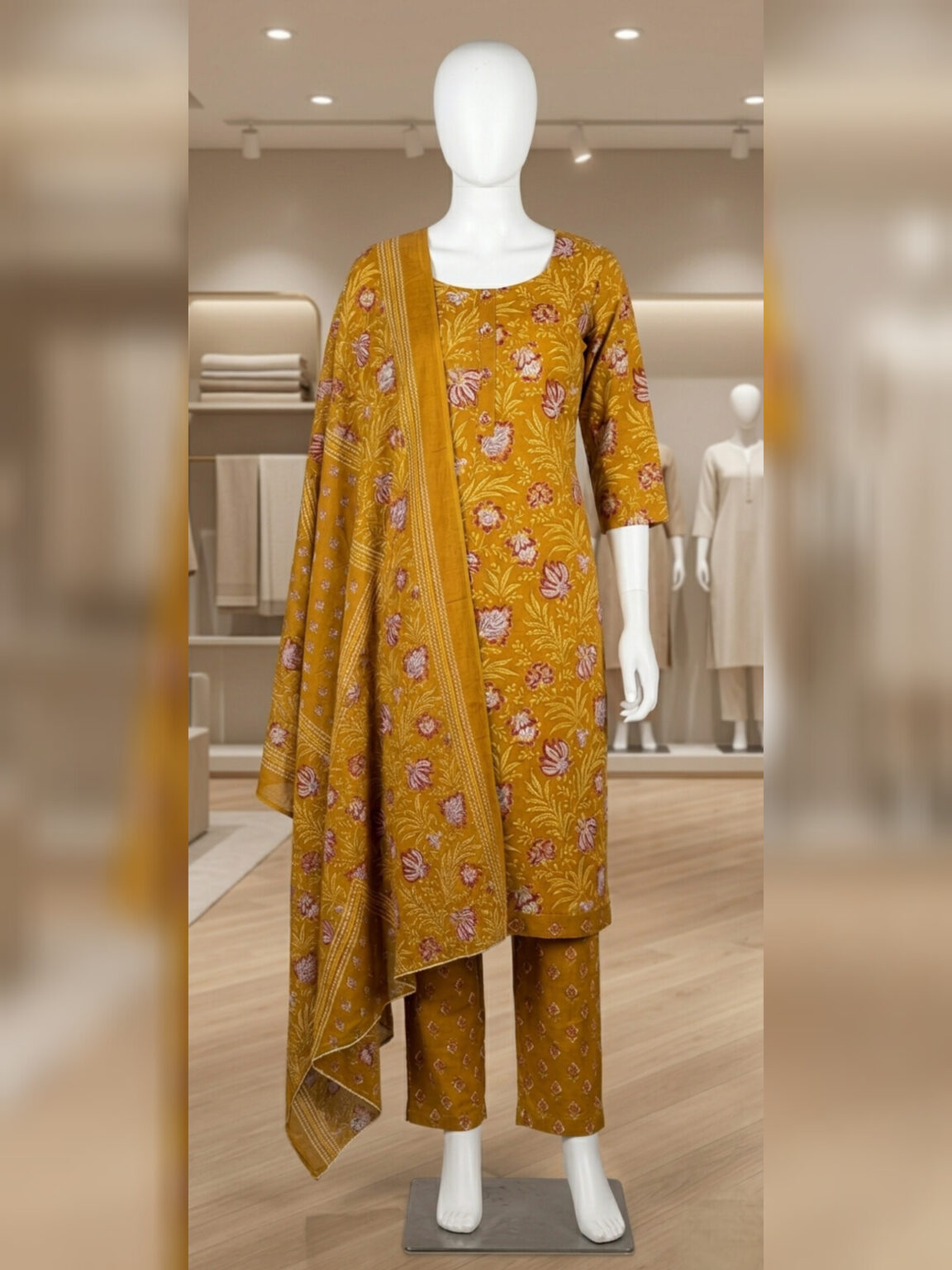 Mustard yellow floral print straight kurta set with dupatta and pants