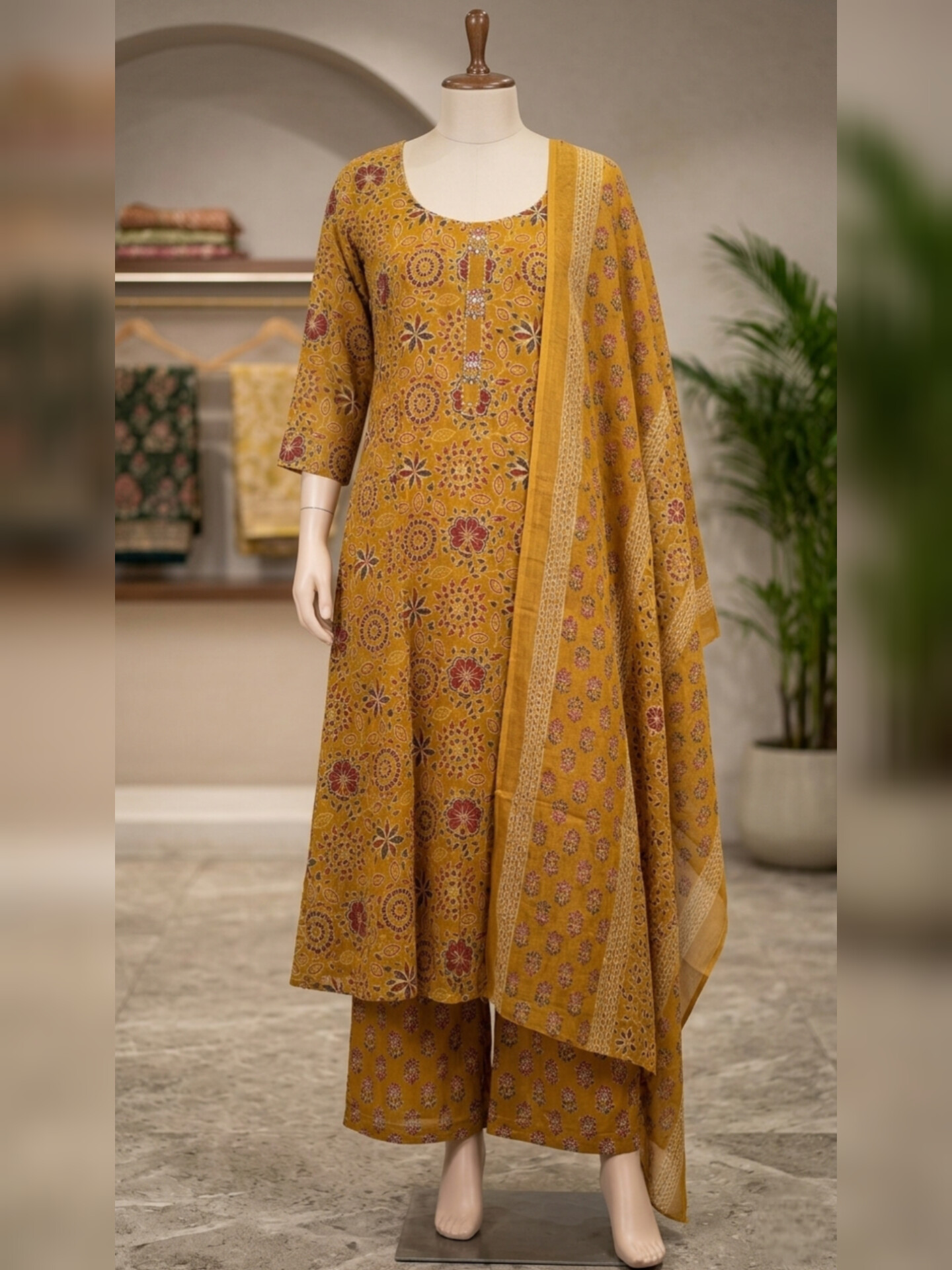 Mustard yellow printed A-line kurta set with dupatta